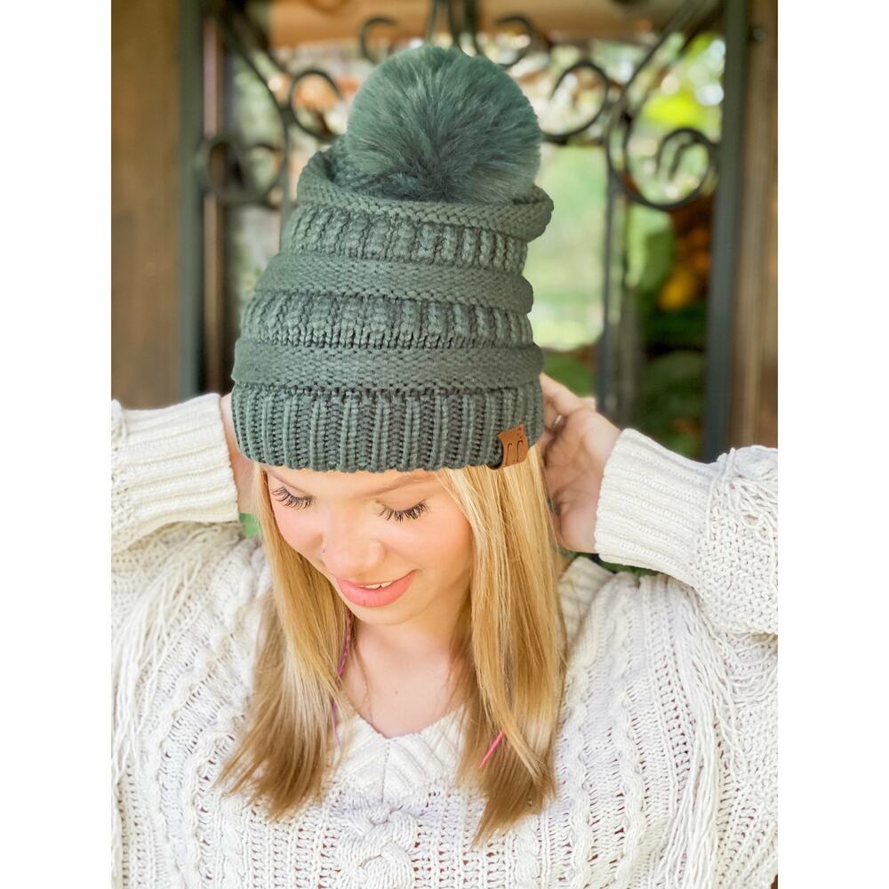 C.C. Beanie Hat Women's Forest Green Slouchy Cable Knit Faux Fur Pom Winter Cap